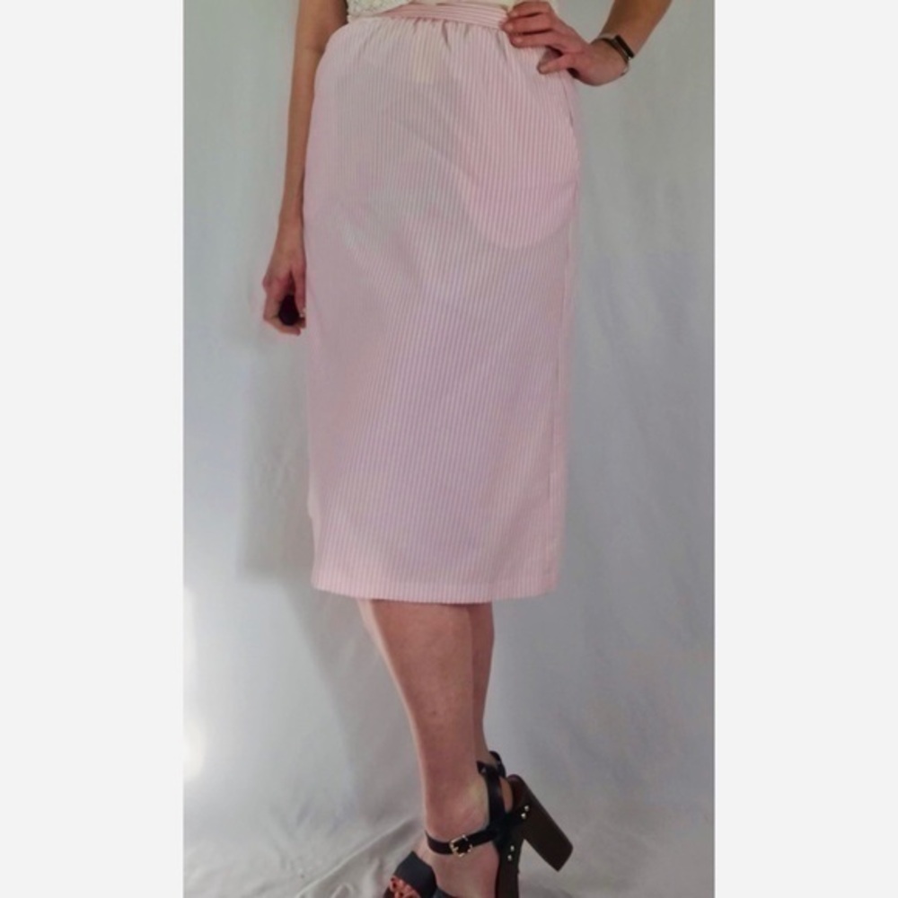80’s Vintage ‘Haberdashery’ Pink White Striped Seersucker Pencil Midi Skirt